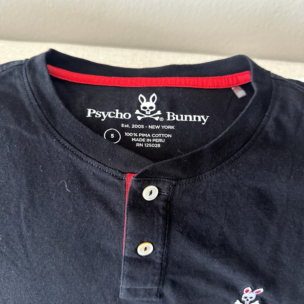 Psycho Bunny Men's Black Pima Cotton Short Sleeve Henley Shirt Size 5 / L EUC - Picture 2 of 8